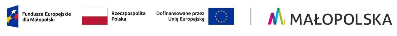 logo Fundusze Europejskie dla Małopolski 2021-2027, flaga Rzeczpospolita Polska, flaga Unii Europejskiej wraz z informacją dofinansowane przez Unie Europejską, logo Małopolski